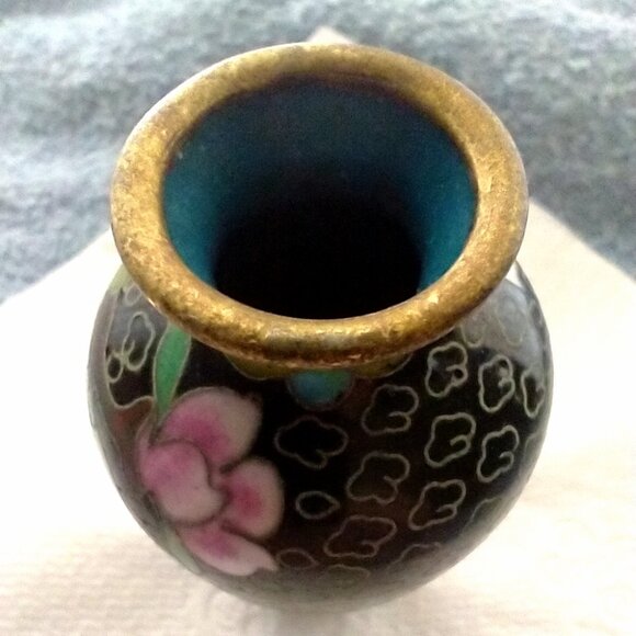 Cloisonne Vase Tiny Vintage Chinese Black Pink Green Blue Floral Design - Picture 7 of 10